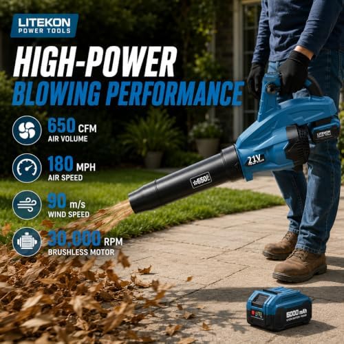 LITEKON Leaf Blower Cordless, 650CFM & 13 Speed Modes, Brushless Electric Cordless Leaf Blowers with 2 x 5.0Ah Batteries and Charger, 21V Powerful Blowers for Lawn Care, Blowing Leaves, Dust, Blue