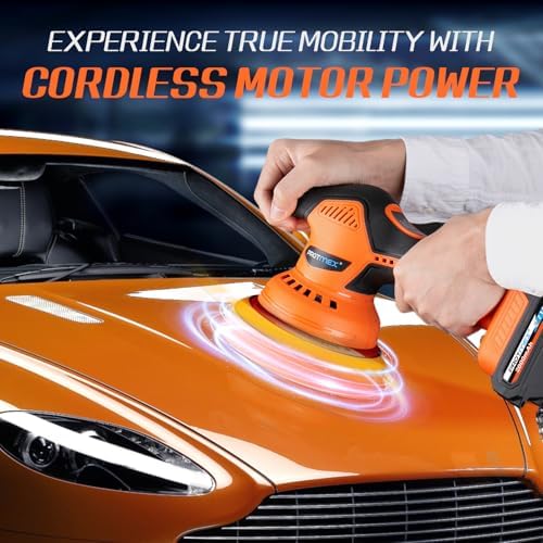 Protmex Cordless Car Buffer Polisher w/ 2x2000mAh 21V Batteries, Orange