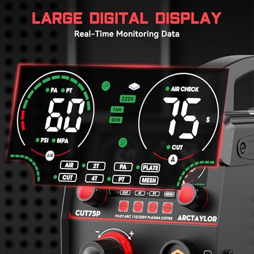 75Amps Plasma Cutter, Non-Touch Pilot Arc Plasma Cutter Machine,110/220V Dual Voltage IGBT Inverter, Air Sensor Technology, Large Digital Display Plasma Cutters CUT75P
