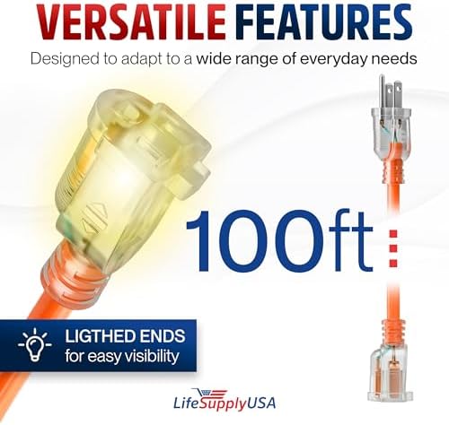 100ft Outdoor/Indoor Extension Cord 12/3 Gauge Extra Heavy Duty 3 Prong SJTW, Waterproof, Flexible Cold-Resistant Long Power Cord,15A 125V 1875W, Orange by LifeSupplyUSA