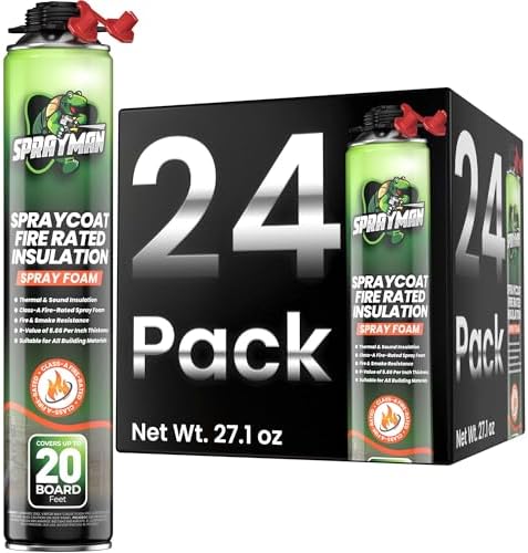 Sprayman Spraycoat Fire Rated Spray Foam Insulation 480 Sq.Ft - R-Value (11.32 / 2in) Closed Cell Polyurethane Foam Sealant for Heat & Noise Insulation - Gun & Cleaner NOT Included - 27.1 oz, 24 Pack