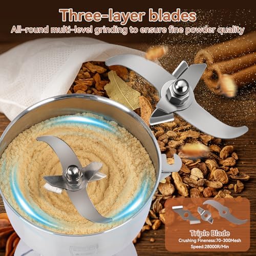 Grain Mill, 2000W High-Speed 750g 304 Stainless Steel grain mill for flour & Professional Spice Grinder for Kitchen Coffee Shop - Grinds Grains, Coffee, Dry Spices, Easy Operation