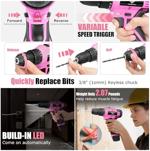 JENABOM Drill Set, 151-Piece Home Tool Set with 12V Pink Cordless Drill