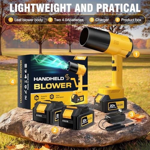 Leaf Blower Cordless, Handheld Leaf Blower with 2 X 4.0Ah Battery and Charger, Snow Blower with 6 Speed Modes, Lightweight Blowers for Lawn Care, Patio, Yard, Blowing Snow, Leaves, Dust-Yellow