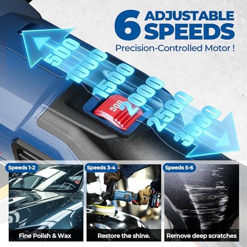 Dong Cheng 20V Brushless Cordless Polisher, Includes 4.0Ah Batteries, 500-3000RPM Buffer Polisher, 6-Speed with 6" Car Polisher Pad, Rotary Polisher for Car Detailing & Polishing.