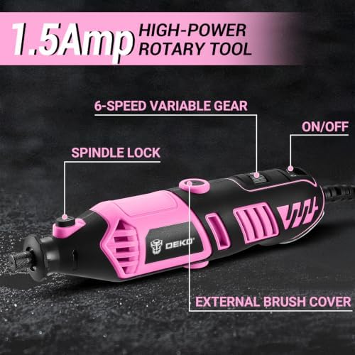 DEKOPRO Rotary Tool Kit, 1.5-Amp Corded Power Rotary Tools with 42" Flex Shaft, 6 Variable Speed, 8,000-35,000 RPM, 129 Pcs Accessories Kit for Cutting, Sanding, Grinding, Carving & DIY Projects Pink