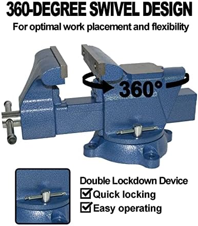 Bench Vise 6 Inch Jaw Width 5.5 Inch Jaw Opening Home Vise - Secure Grip with 360° Swivel Base Home Vise Rotation Base - Assembled with a Combination of Heavy Duty Cast Iron and Steel - Blue
