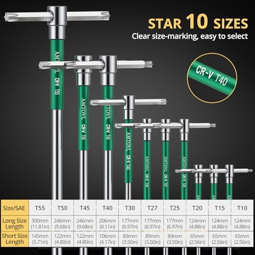 AMTOVL T-Handle Star Wrench Set - TORX, 10 Pcs T10-T55, Sliding Handle, | Chrome Vanadium Steel, with Aluminum Alloy Sleeves & Steel Storage Rack, for DIY, Mechanics, and Bicycle Enthusiasts