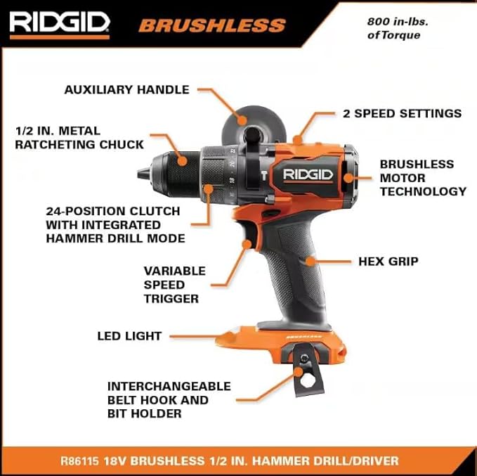 RIDGID 18V Brushless Cordless 1/2 in. Hammer Drill/Driver (Tool Only) (Renewed)