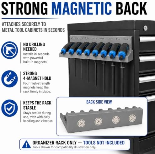 Magnetic T-Handle Hex Key Organizer Rack - Wrench Organizer for Garage, Tool Cart, or Workshop – Compatible with Toolboxes and Storage Systems - sae/metric/torx (Metric)