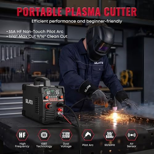SILATU 55A Plasma Cutter, HF Non-Touch Pilot Arc Plasma Cutter Machine, 7/10″ Max Cut 9/16″ Clean Cut, Portable 110/220V Dual Voltage IGBT Inverter Digital Display, PT/2T/4T for Beginners DIY (Black)