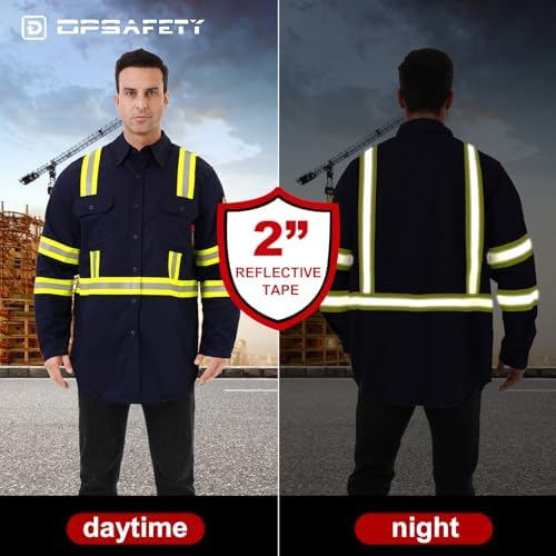 FR Shirts for Men 7oz High Visibility Fire Resistant Shirts CAT2 Welding Shirt 100% Cotton Hi Vis Flame Resistant Shirt Navy(2X-Large)