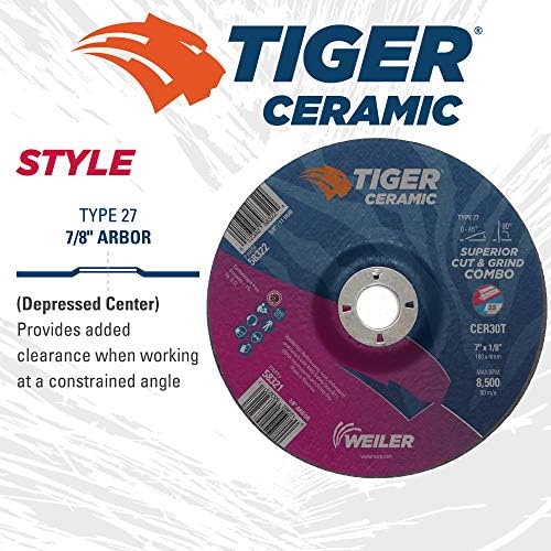Weiler 58321 7 x 1/8 Tiger Ceramic Type 27 Cut Off/Grind Combo Wheel CER30T 7/8 A.H. (Pack of 25)