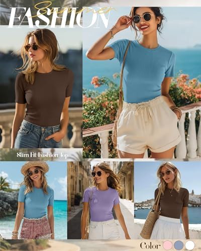 Ficerd 3 Pack Women's Ribbed Short Sleeve T-Shirts