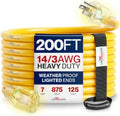200ft Outdoor/Indoor Extension Cord 14/3 Gauge Heavy Duty 3 Prong SJTW, Waterproof, Flexible Cold-Resistant Long Power Cord,7A 125V 875W, Yellow by LifeSupplyUSA
