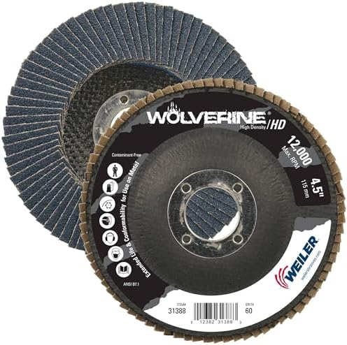Weiler 31388 Wolverine 4-1/2" x 7/8" Arbor Hole Abrasive Flap Disc, 60 Grit Zirconia Alumina, Flat Type 27, Phenolic Backing, High Density (Pack of 10)