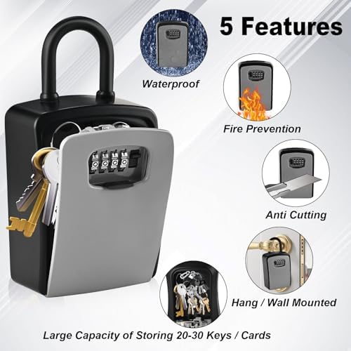 XXL Large Key Lock Box, 5.5”x4.1”x2.1” Kirsite Combination Lockbox | Waterproof Lockbox Keys Outdoor, Portable Key Lock Box Wall Mount with Code (1 Pack, Black-Gray)