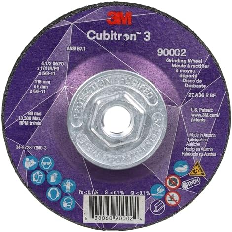 3M Cubitron 3 Depressed Center Grinding Wheel, 90002, 36+, T27, 4-1/2 in x 1/4 in x 5/8 in-11, Pack of 10, ANSI, Precision Shaped Grain, Beveling, Weld Grinding, Heavy Deburring, Slag Removal