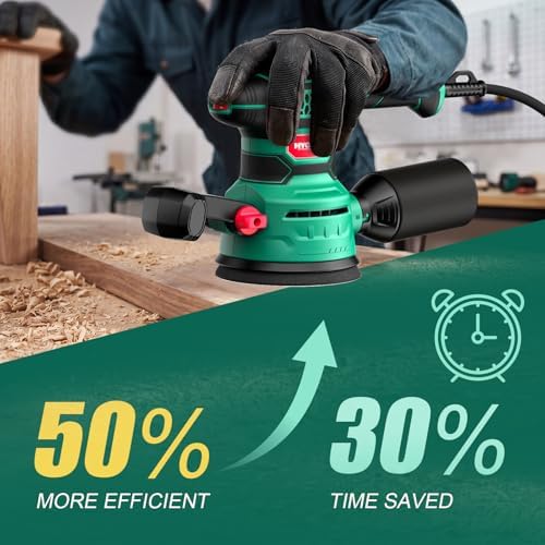 HYCHIKA Random Orbital Sander, 6 Variable Speed 3.8Amp 450W 5-Inch Electric Wood Sander with Double Handle, High Efficiency Dust Collector & 20Pcs Sandpapers for Heavy Duty Woodworking