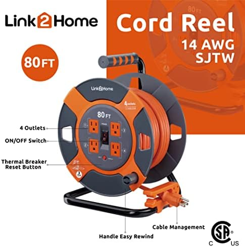 Link2Home 80 Ft. Extension Cord Reel, 4 Power Outlets, 14 AWG SJTW