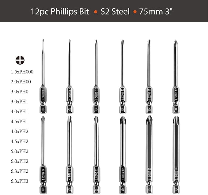 Dandeeler 12 Piece Phillips Drill Bit Set #1#2#3 3" Long, S2 Steel, with Tool Bag
