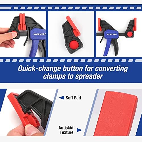 WORKPRO Bar Clamps for Woodworking, 12-Pack One-Handed Clamp/Spreader, 6-Inch (4) and 12-Inch (2) Wood Clamps Set, Light-Duty Quick-Change F Clamp with 150 lbs Load Limit Blue