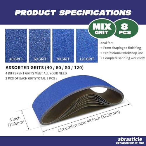 8 Pack 6 x 48 Inch Zirconia Sanding Belts, Assorted Grits (40/60/80/120-2 Each) Heavy Duty Belt Sander Paper, Fits Belt Sander & Bench Sander for Woodworking and Metal Processing