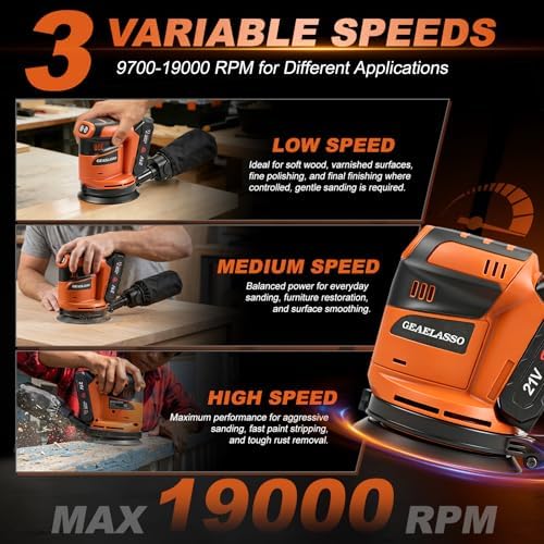 5-Inch Cordless Random Orbital Sander, Battery-Powered Palm Sander with 3 Variable Speeds, 8000–13000 RPM, Battery, 10 Sanding Discs and Dust Collection Box for Woodworking and Furniture