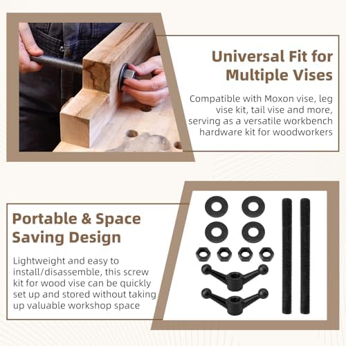 Hardware Kit for Moxon Vise, 8 Inch Threaded Rods Bench Vise Screw Kit with Cast Knobs, Nuts & Washers, Woodworking Workbench Tools for Wood Carving & Dovetail Cutting