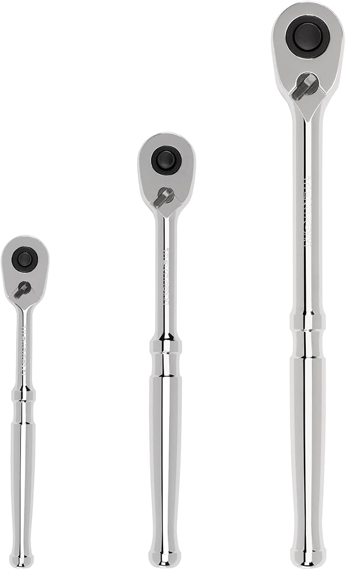 TEKTON 1/4, 3/8, 1/2 Inch Drive Ratchet Set (3-Piece) | SRH91100 | 6, 8, 10-1/2 in., Quick-Release, Polished Handle