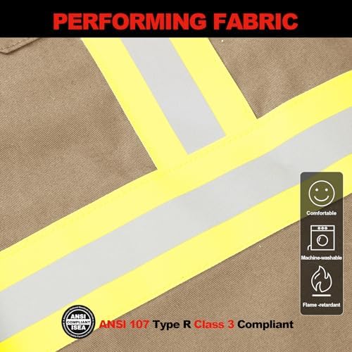 FR Shirts for Men 7oz High Visibility Fire Resistant Shirts CAT2 Welding Shirt 100% Cotton Hi Vis Flame Resistant Shirt Khaki(Small)
