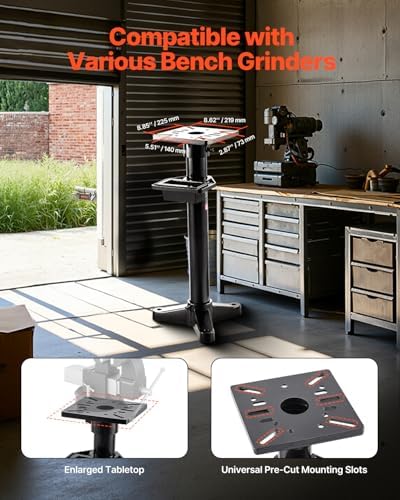 VEVOR Bench Grinder Stand, Heavy-Duty Bench Grinder and Vise Floor Pedestal with 10.6" x 10.6" Mounting Plate, Pre-Cut Mounting Slots & Water Pot, Compatible with Most Bench Grinders