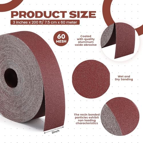 80 Grit Abrasive Sandpaper Roll 3''x 200 ft Drum Sander Sand Paper Roll Emery Cloth Rolls for Drum Sander Continuous Paper Wood Automotive Polishing