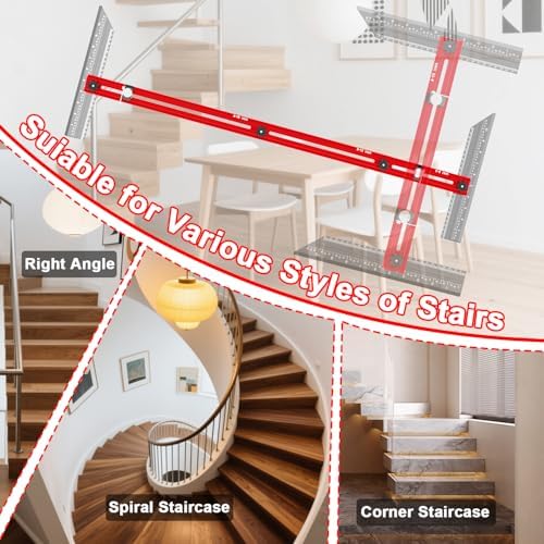 Stair Tread Template Tool – Stair Tread Gauge Jig, Aluminum Alloy Measuring and Scribe Tool for Accurate Angle, Depth, and Length Measurement of Stairs, Risers, and Partitions