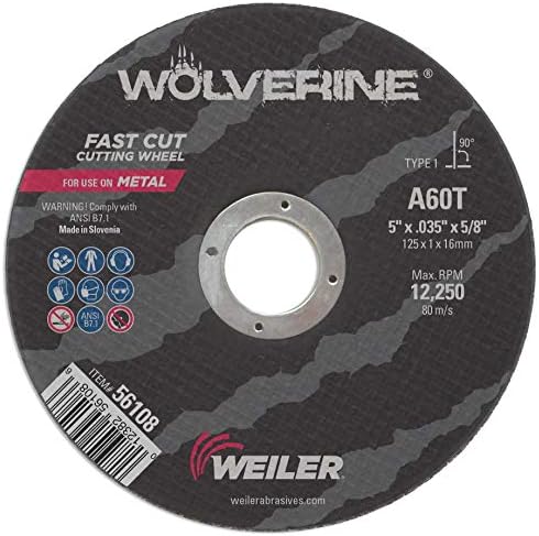 Weiler 56108 5 Inch Cutting Wheel, Wolverine AO Steel/Metal Fast Cutting, .035" A60T Type 1 5/8" Arbor, Pack of 25