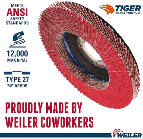 Weiler 50130 Saber Tooth 7/8" Arbor, 4-1/2" Diameter, 40 Grit, Ceramic, Phenolic Backing, Flat High Density Abrasive Flap Disc (Pack of 10)