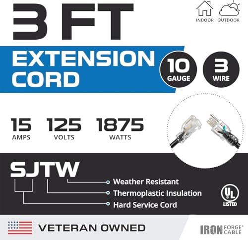 Iron Forge Cable 10 Gauge Extension Cord Heavy Duty, 3 Ft - Black SJTW