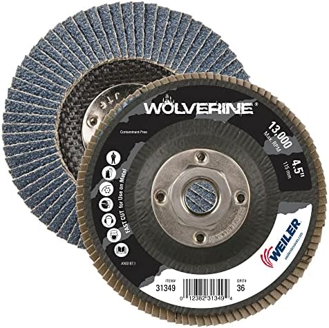 Weiler 31349 Wolverine 4-1/2" x 5/8"-11 UNC NUT Abrasive Flap Disc, 36 Grit Zirconia Alumina, Bevel Type 29, Phenolic Backing, Standard Density (Pack of 10)