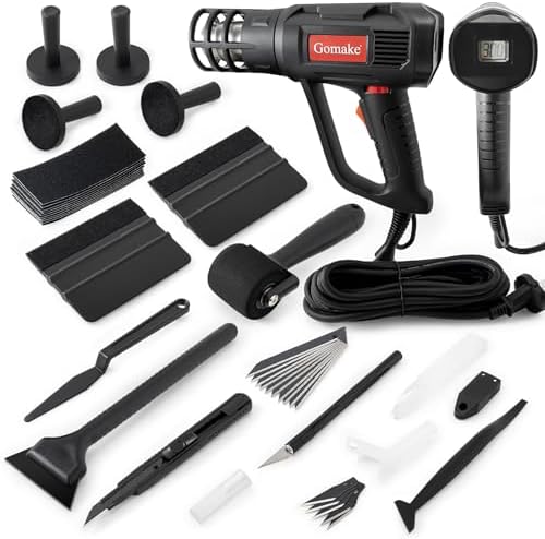 Gomake Vinyl Wrap Tool Window Tinting Kit with Heat Gun 16FT Cord,Sponge Roller,Magnet Holder,Vinyl Tucking Tool,Tint Squeegee, Film Cutter for Car Wrapping, Graphics and Decal Installation