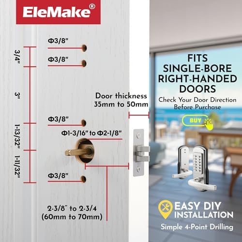 Keypad Door Lock, Keyless Entry Door Lock Mechanical Lock with Keypad, Combination Code Locks with Handle, Right Handed Door Lever, Stainless Steel 304 - NOT a Deadbolt