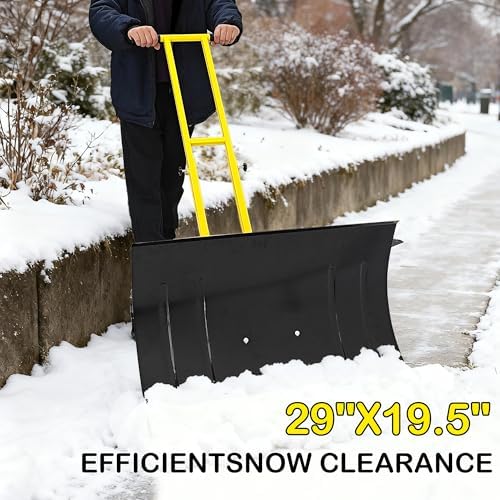 Snow Shovel, 29” Wide Heavy-Duty Metal Snow Pusher, 10” Pneumatic Rubber Wheels, 7-Position Angled Blade, Adjustable Height Anti-Slip Handle, Snow plow for Doorway, Driveway, Sidewalk