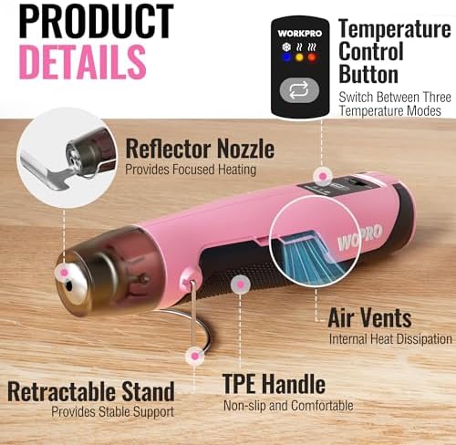 WORKPRO 7.2V Pink Cordless Mini Heat Gun, 1.5s Fast Heating