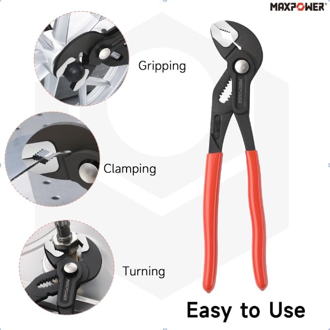 MAXPOWER 10 inch Water Pump Pliers, Jaw Open 1.2 inch, Push Button Quick Adjustment Tongue and Groove Pliers