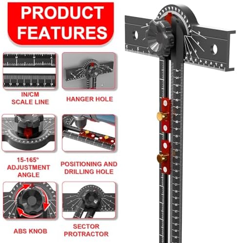 Woodworking T Square Ruler, 13.5 Inch Adjustable Angle 15-165° Measurement Tool, Aluminum Alloy, Precision Drilling Positioning Guide for Carpentry, Drafting, Contractor, Scribe Crafting, Drywall