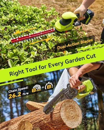 Supstable 3-in-1 Cordless Mini Chainsaw & Hedge Trimmer Combo, 8 Inch Mini Chainsaw with Grass Shear, 800W Brushless Motor, 2×4000mAh Batteries, Garden Tool Set for Tree Trimming & Lawn Care