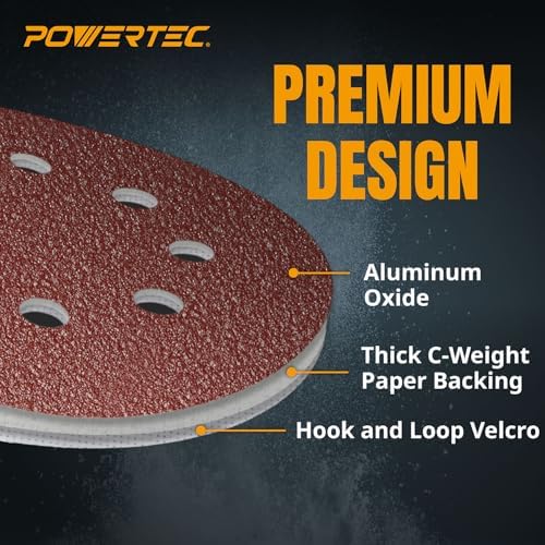POWERTEC 100PK, 40/80/120/220/320 Grits, 5 Inch 8 Hole Hook and Loop Sanding Discs, Aluminum Oxide Sandpaper Discs, Woodworking Sanding Pads for Random Orbital, Palm, Air & Pneumatic Sander (45000)