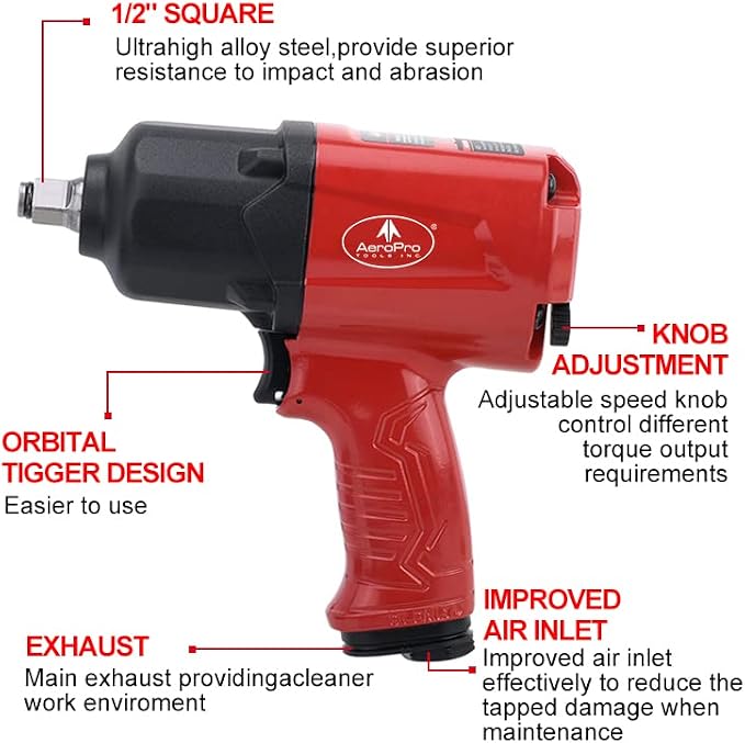 AEROPRO TOOLS 1/2-Inch Aluminum Air Impact Wrench(A398) | Twin Hammer with 1380FT-LB Max Loosening Torque, Pneumatic Impact Gun, for Auto Repair, Tire Shop (Aluminum Housing)