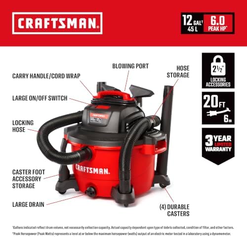 CRAFTSMAN CMXEVBE17594 12 Gallon 6.0 Peak HP Wet Dry Shop Vacuum