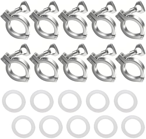 10PCS 1.5" 304 Stainless Steel Tri-clamp, Single Pin Heavy Duty Tri Clamp with Wing Nut Generic Ferrule TC with 10PCS Silicone Gasket (About 110g Each)