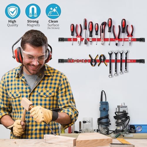 4 Pieces 24" Magnetic Tool Holder Strip, Red Magnet Bar, Metal Tool Organizer Rack for Garage Organization, Easy To Install in Workshop, Mounting Screws Included